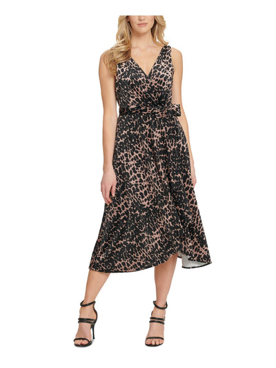 DKNY Womens Black Belted Animal Print Evening Faux Wrap Dress 2