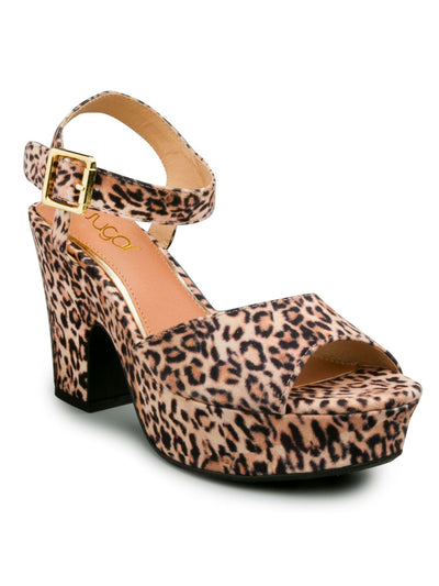 SUGAR Womens Brown Animal Print Peep Toe Block Heel Buckle Dress Sandals Shoes 7.5