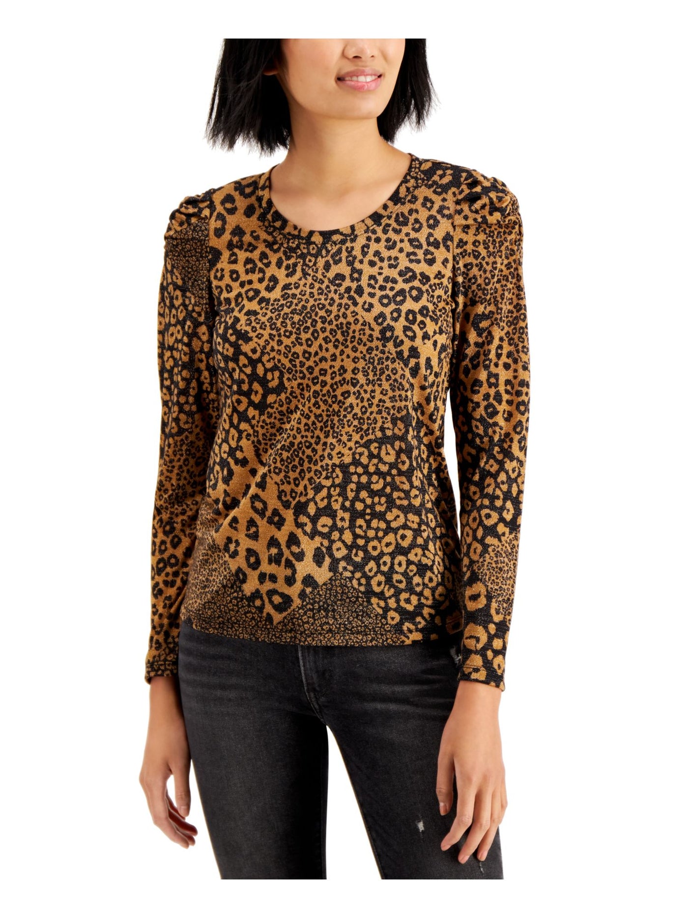 STUDIO BY JPR Womens Black Stretch Metallic Animal Print Pouf Sleeve Crew Neck Evening Top XS