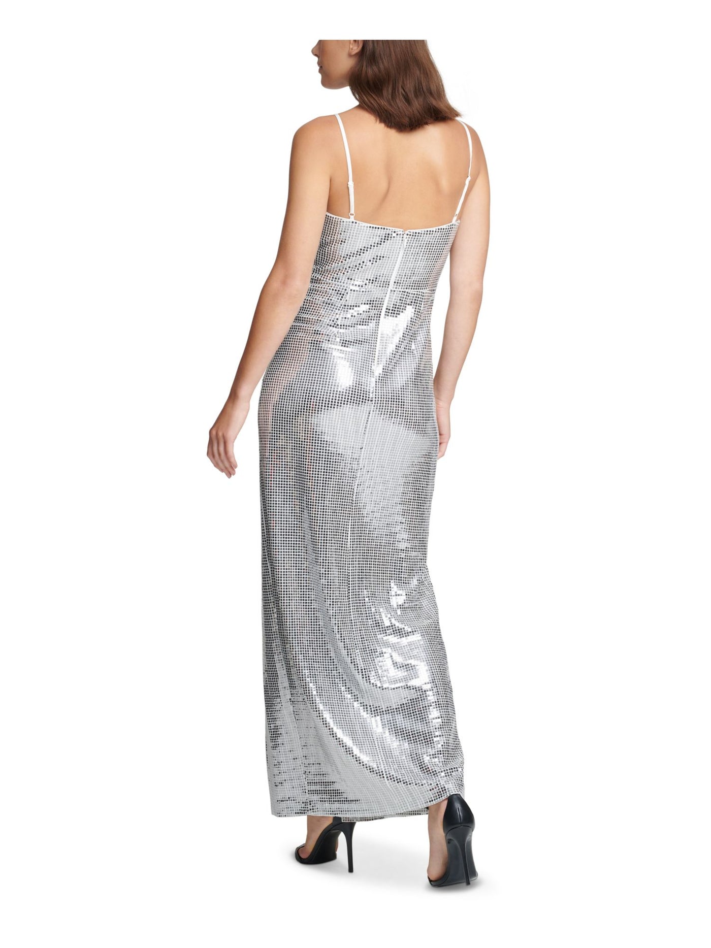 VINCE CAMUTO Womens Silver Sequined Slitted Spaghetti Strap V Neck Maxi Formal Body Con Dress 4