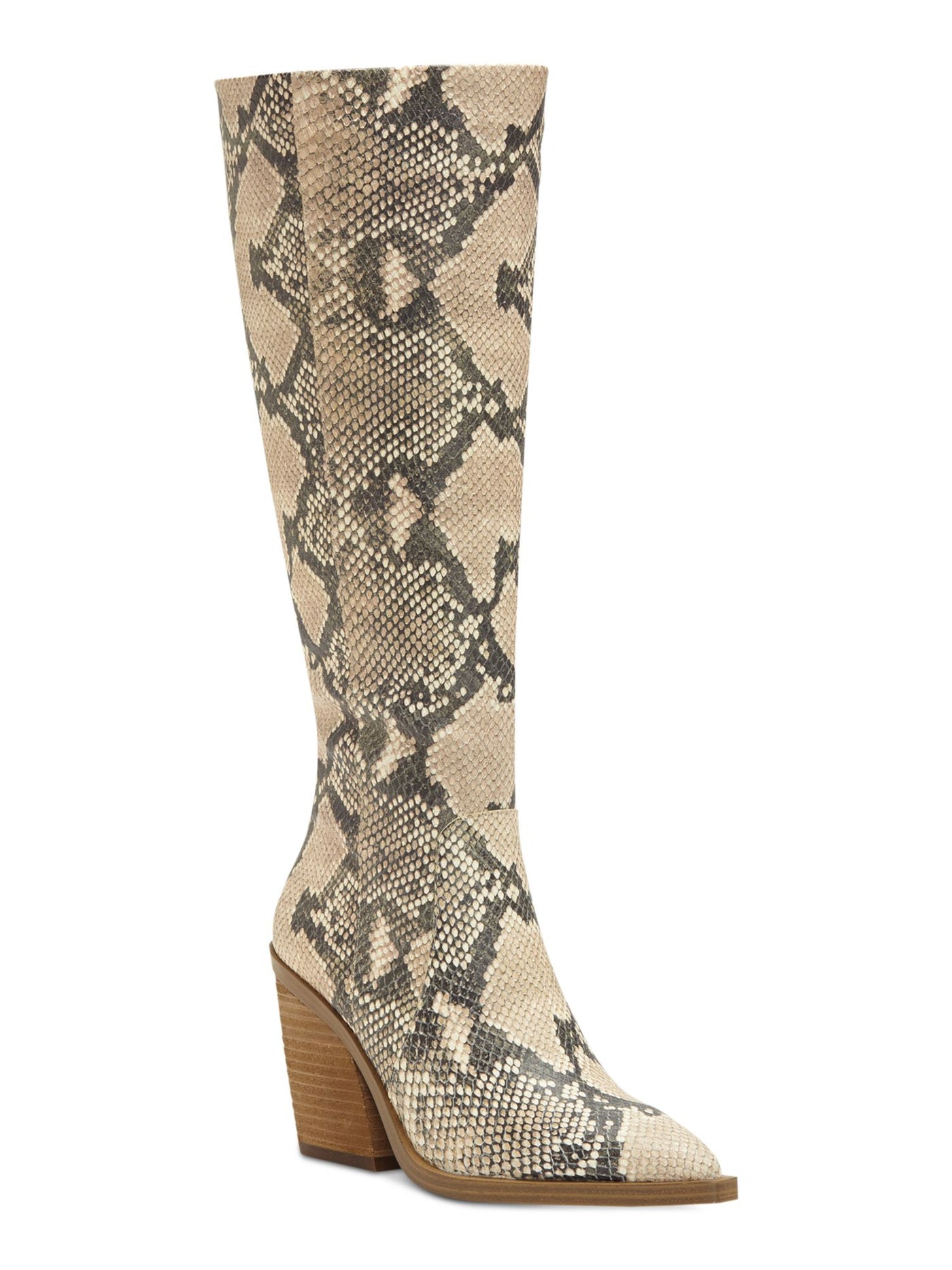 VINCE CAMUTO Womens Beige Snake Print Padded Gravana Pointed Toe Block Heel Zip-Up Leather Dress Cowboy Boots 6 M