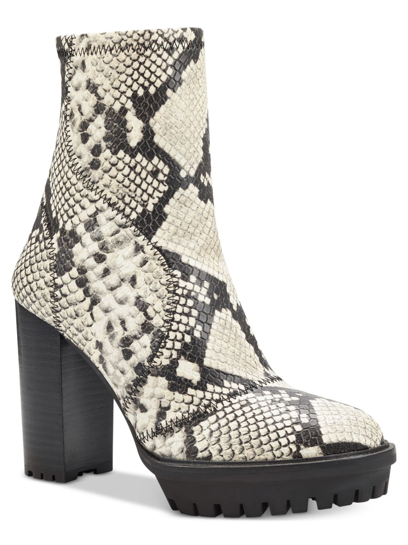 VINCE CAMUTO Womens Black White Beige Snakeskin Print 1" Platform Lug Sole Erettie Round Toe Block Heel Zip-Up Booties 8.5 M