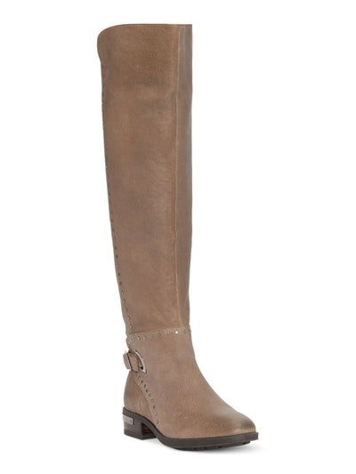 VINCE CAMUTO Womens Beige Studded Buckle Accent Wide Calf Round Toe Stacked Heel Zip-Up Leather Riding Boot 5.5 M WC