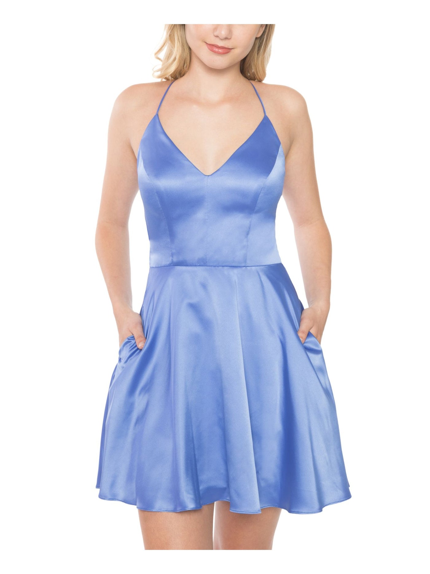 B DARLIN Womens Blue Stretch Zippered Back Sleeveless V Neck Short Party Fit + Flare Dress Juniors 13\14