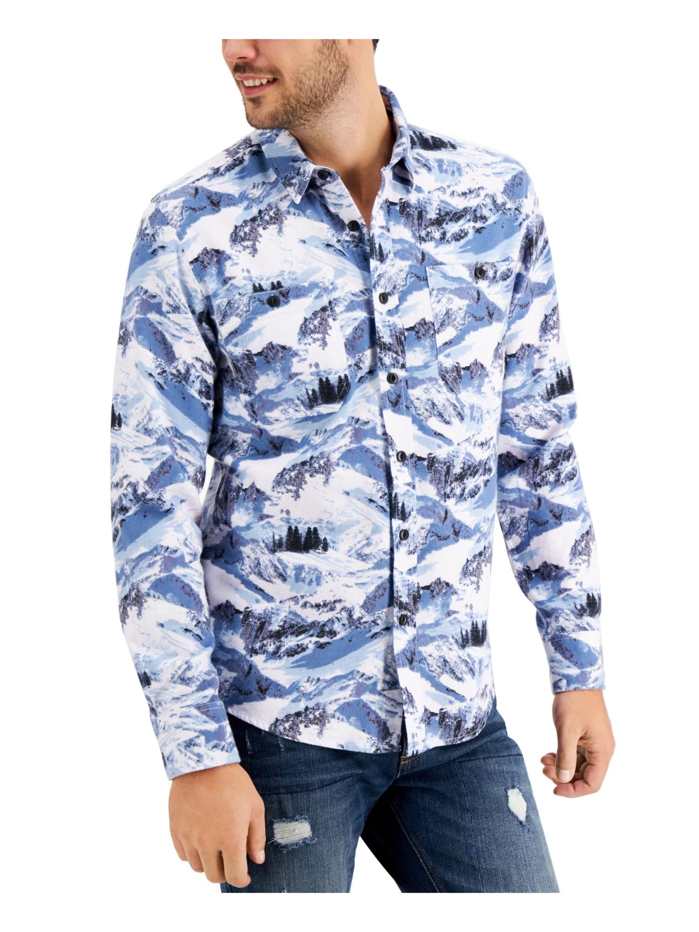 SUN STONE Mens Winter Slopes Blue Printed Long Sleeve Classic Fit Button Down Cotton Casual Shirt XXL