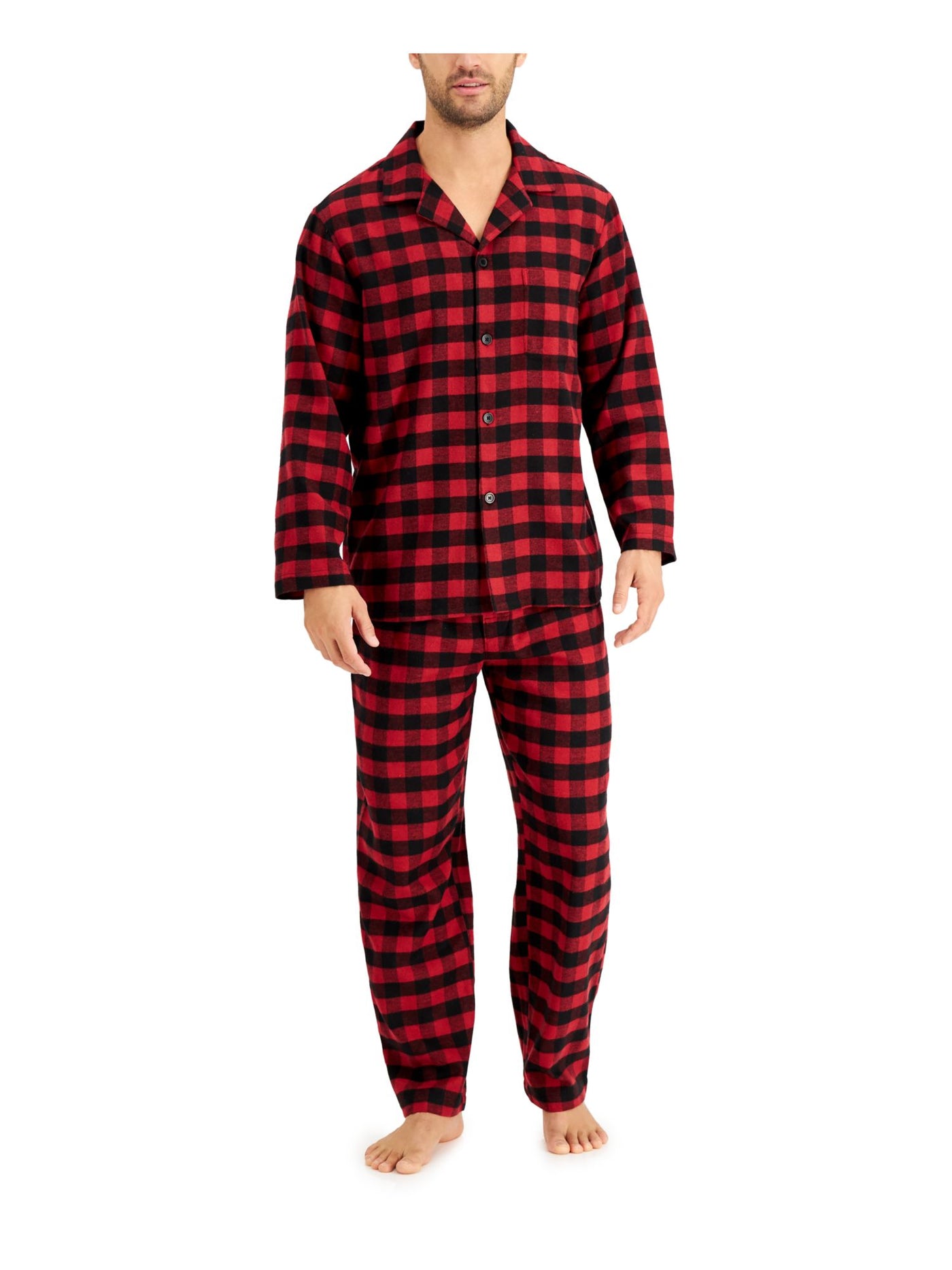 CLUBROOM Mens Red Plaid Ultra Soft Long Sleeve Button Up Top Straight leg Pants Flannel Pajamas L