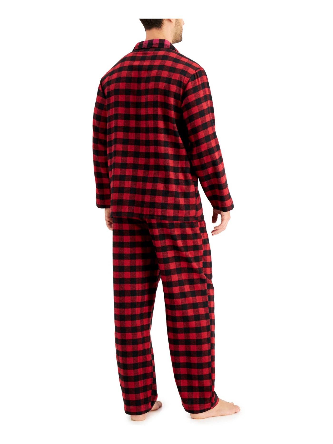 CLUBROOM Mens Red Plaid Notched Collar Long Sleeve Button Up Top Straight leg Pants Flannel Pajamas S