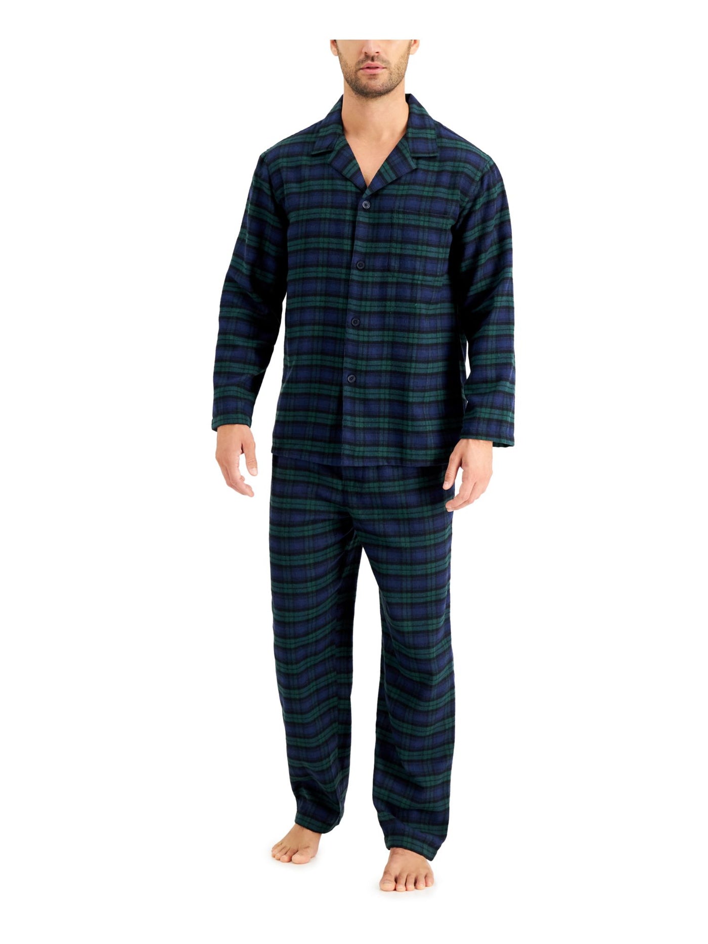 CLUBROOM Mens Green Plaid Drawstring Long Sleeve Button Up Top Straight leg Pants Pajamas L