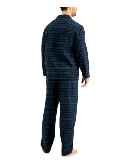 CLUBROOM Mens Green Plaid Drawstring Long Sleeve Button Up Top Straight leg Pants Pajamas L