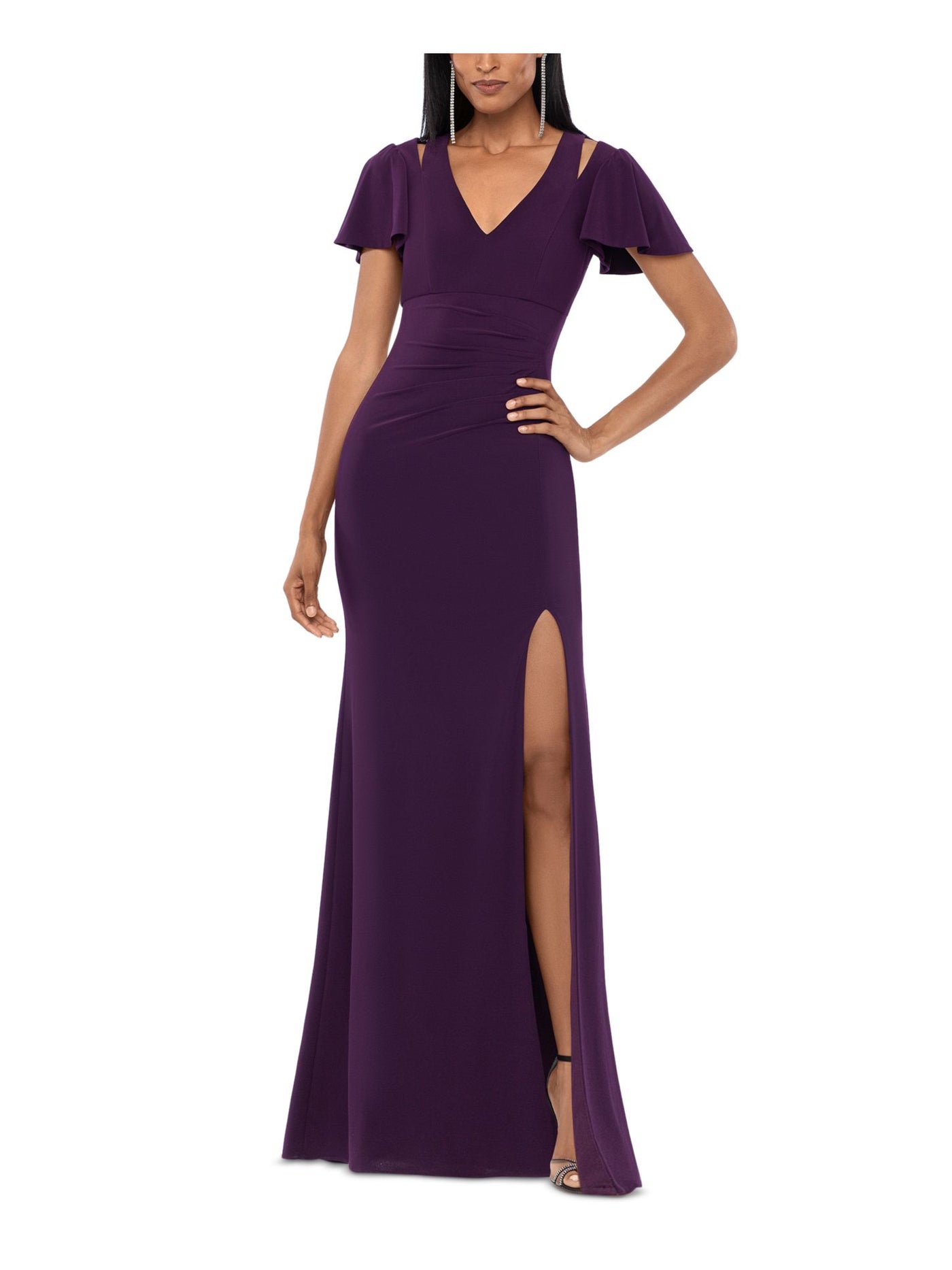 XSCAPE Womens Purple Ruched Slitted Slit Shoulder Flutter V Neck Full-Length Evening Sheath Dress 10