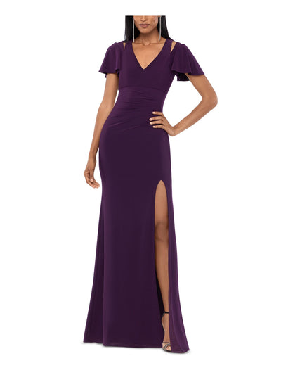 XSCAPE Womens Purple Ruched Slitted Slit Shoulder Flutter V Neck Full-Length Evening Sheath Dress 10