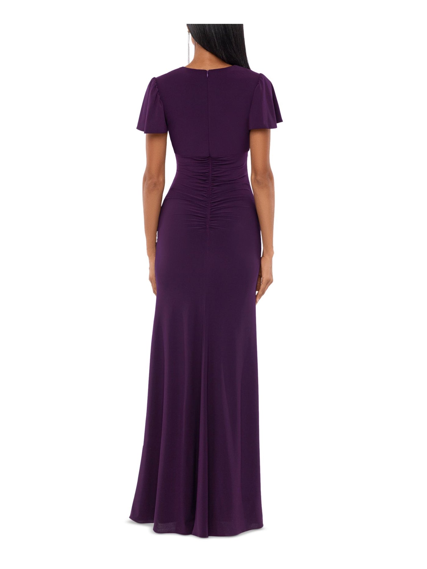 XSCAPE Womens Purple Ruched Slitted Slit Shoulder Flutter V Neck Full-Length Evening Sheath Dress 10