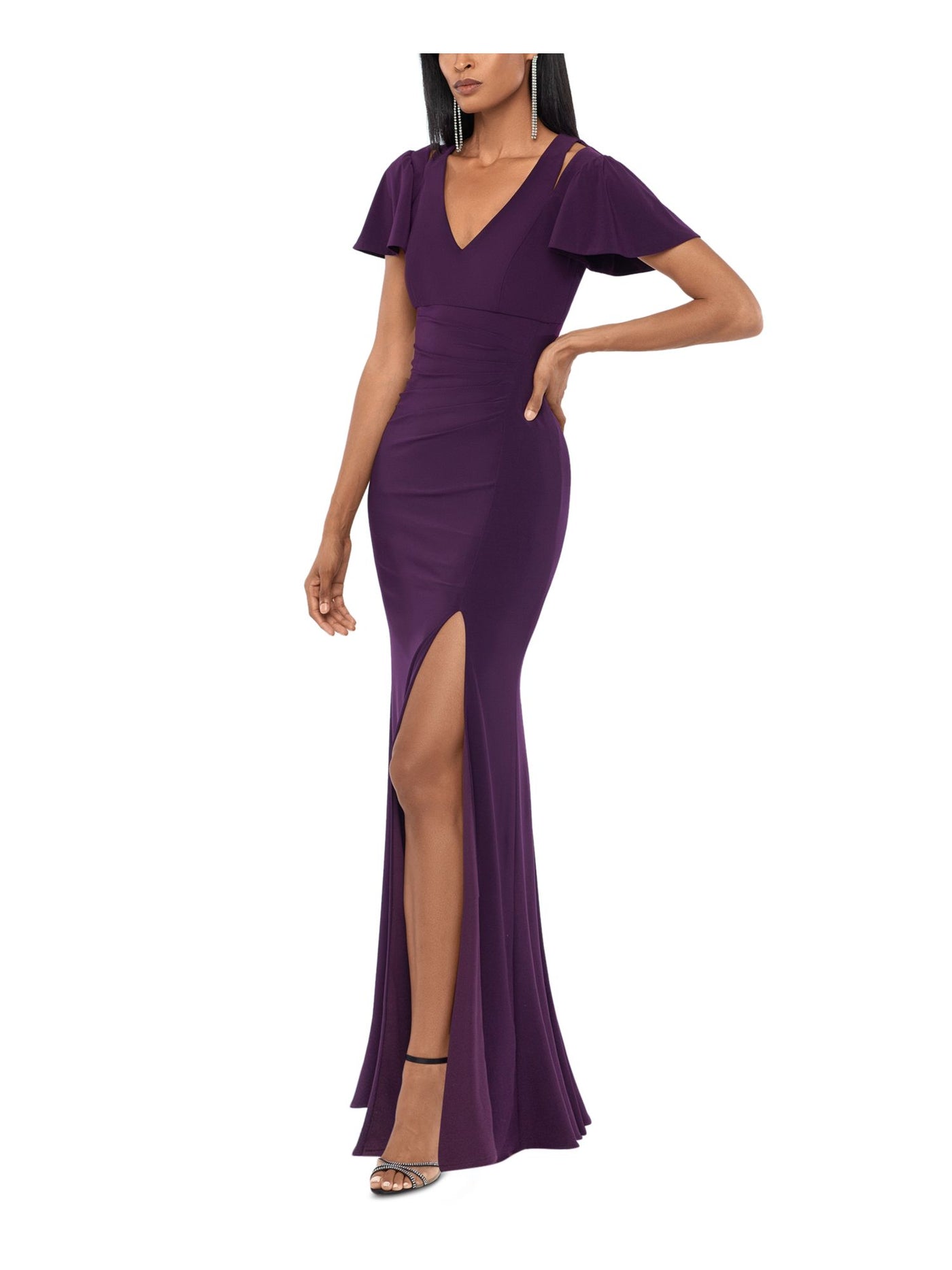 XSCAPE Womens Ruched Slitted Slit Shoulder Flutter V Neck Full-Length Evening Sheath Dress