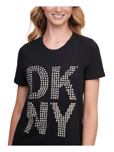 DKNY Womens Black Stretch Embellished Logo Graphic Short Sleeve Crew Neck T-Shirt XS