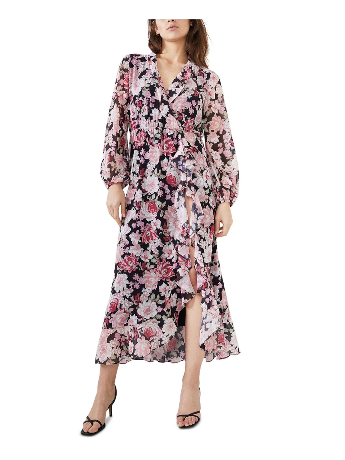 BARDOT Womens Black Slitted Tie Floral Long Sleeve V Neck Tea-Length Faux Wrap Dress 4\ XS