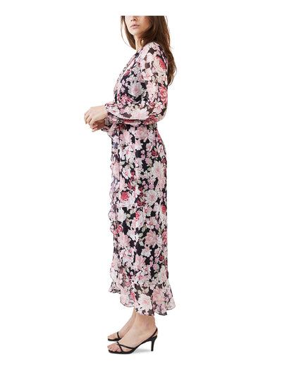 BARDOT Womens Black Slitted Tie Floral Long Sleeve V Neck Tea-Length Faux Wrap Dress 4\ XS