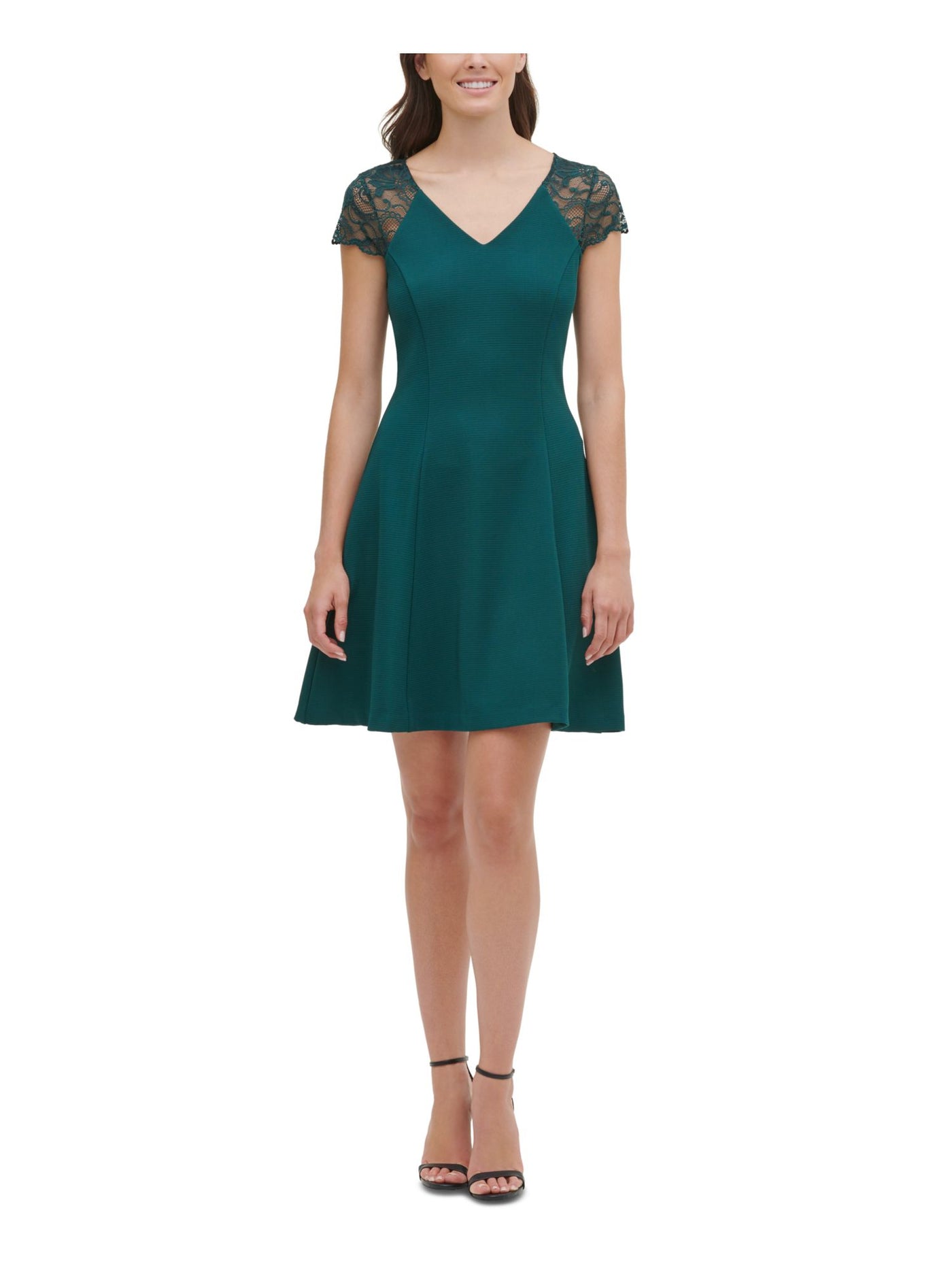 KENSIE Womens Green Stretch Lace Ribbed Zippered Cap Sleeve V Neck Short Party Fit + Flare Dress 14