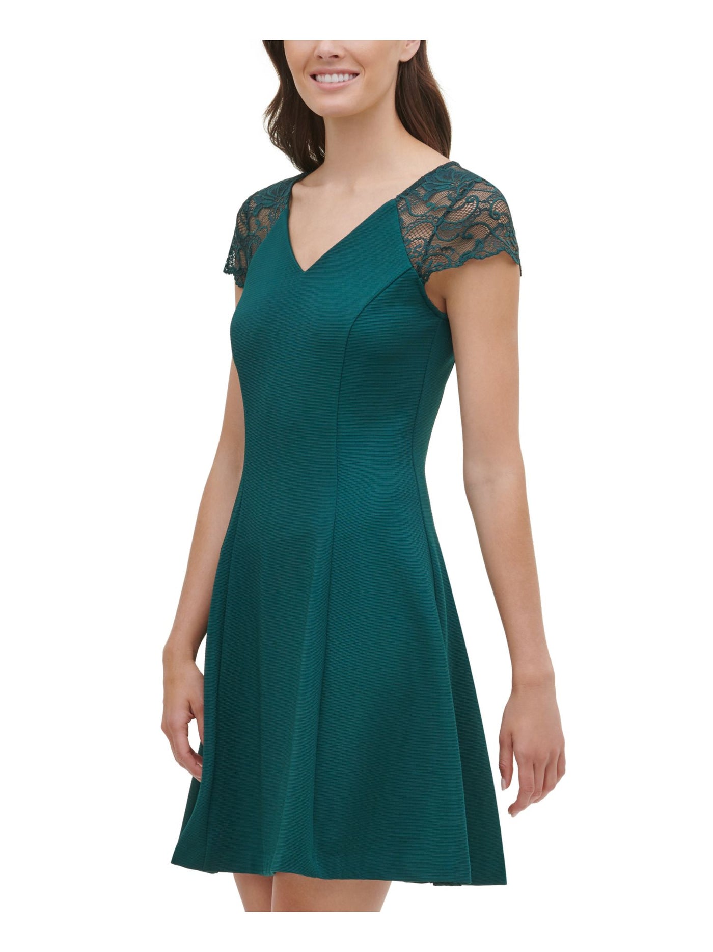 KENSIE Womens Green Stretch Lace Ribbed Zippered Cap Sleeve V Neck Short Party Fit + Flare Dress 14