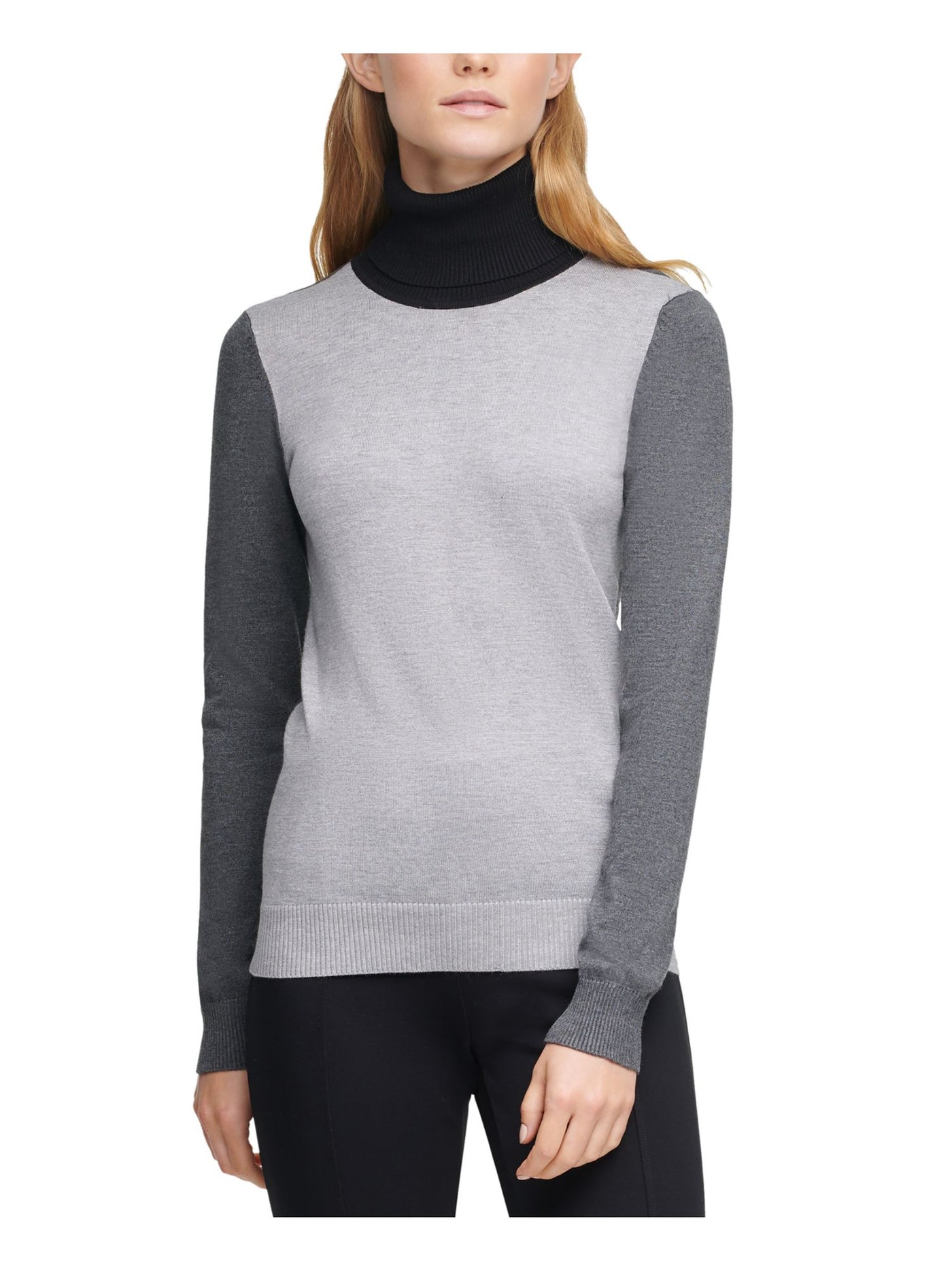 CALVIN KLEIN Womens Gray Stretch Color Block Long Sleeve Turtle Neck Sweater XS