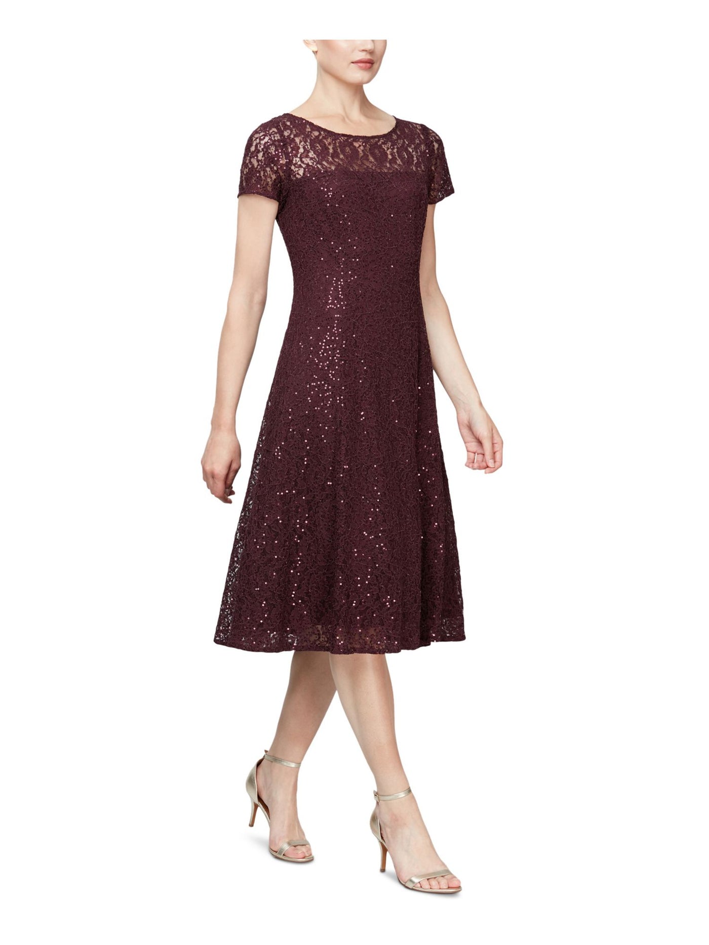 SLNY Womens Purple Lace Sequined Floral Cap Sleeve Scoop Neck Midi Party Fit + Flare Dress 6