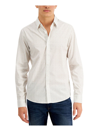 MICHAEL KORS Mens Beige Printed Point Collar Slim Fit Stretch Dress Shirt XL
