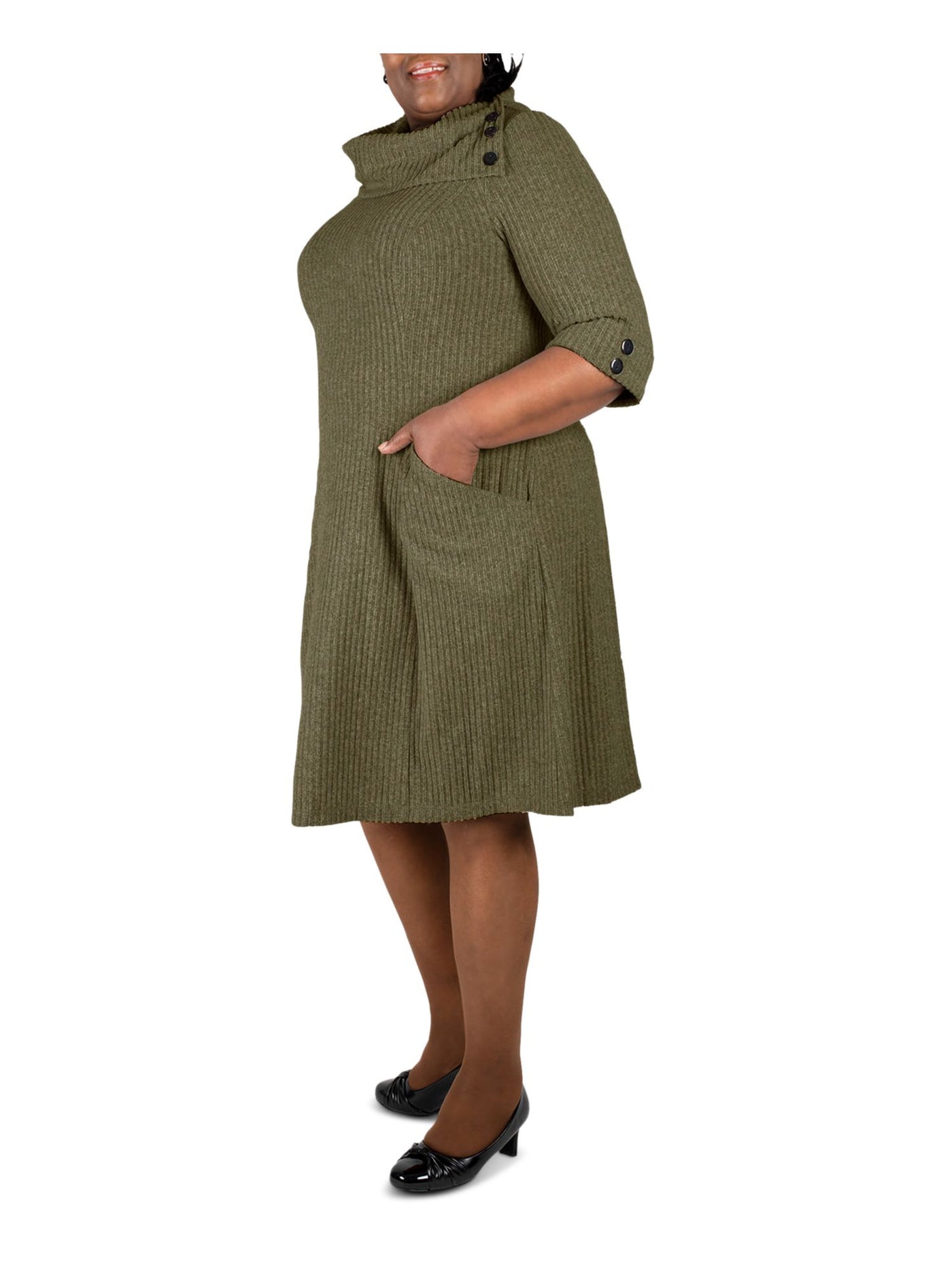 SIGNATURE BY ROBBIE BEE Womens Green Cowl Neck Knee Length Wear To Work Shift Dress Plus 1X