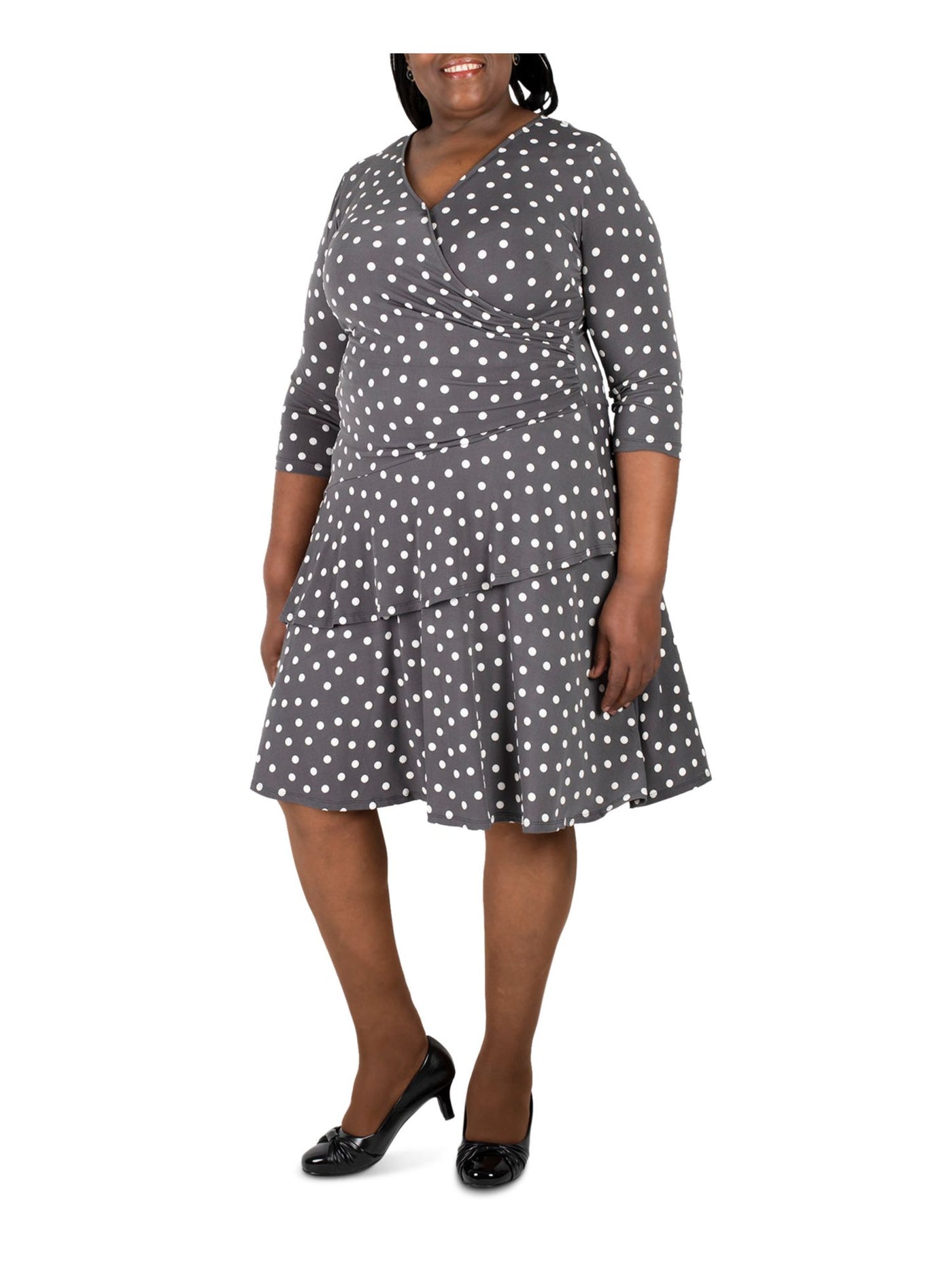 SIGNATURE BY ROBBIE BEE Womens Gray Ruffled Ruched Polka Dot 3/4 Sleeve Surplice Neckline Knee Length Faux Wrap Dress Plus 2X
