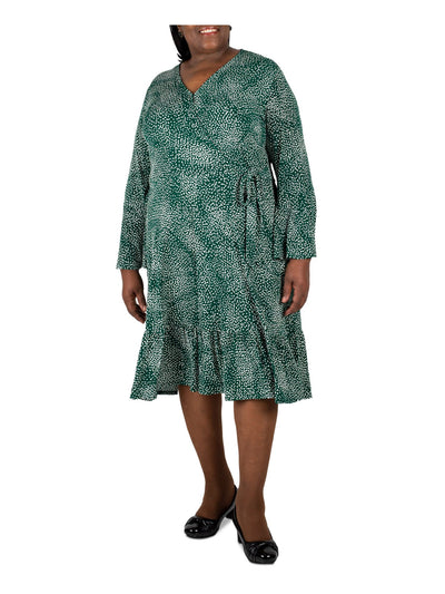 SIGNATURE BY ROBBIE BEE Womens Green Printed V Neck Knee Length Faux Wrap Dress Plus 2X