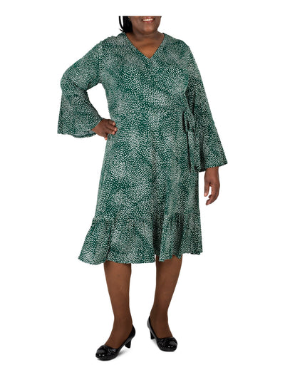 SIGNATURE BY ROBBIE BEE Womens Green Printed V Neck Knee Length Faux Wrap Dress Plus 2X
