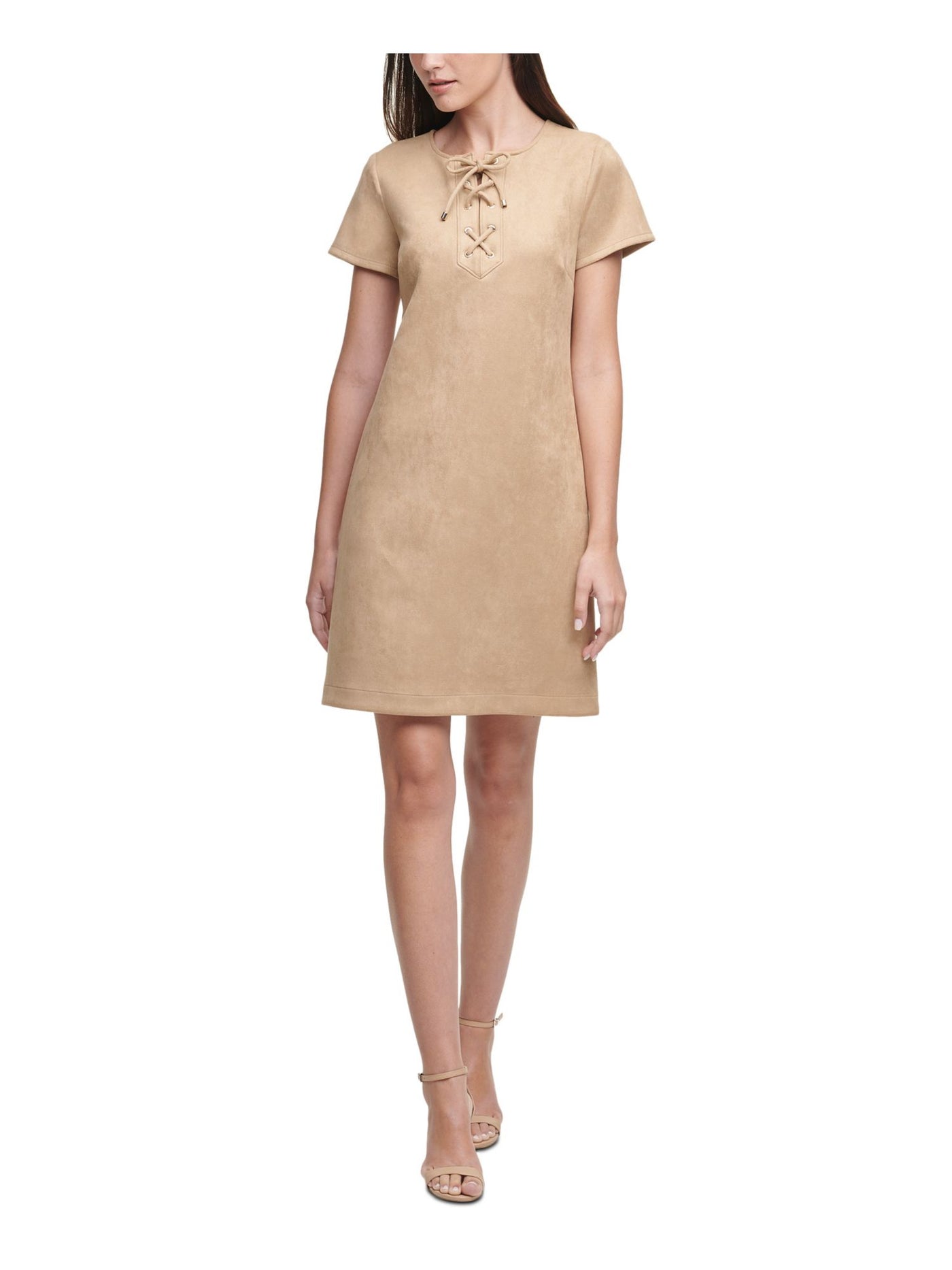 TOMMY HILFIGER Womens Beige Faux Suede Short Sleeve Jewel Neck Above The Knee Shift Dress 4