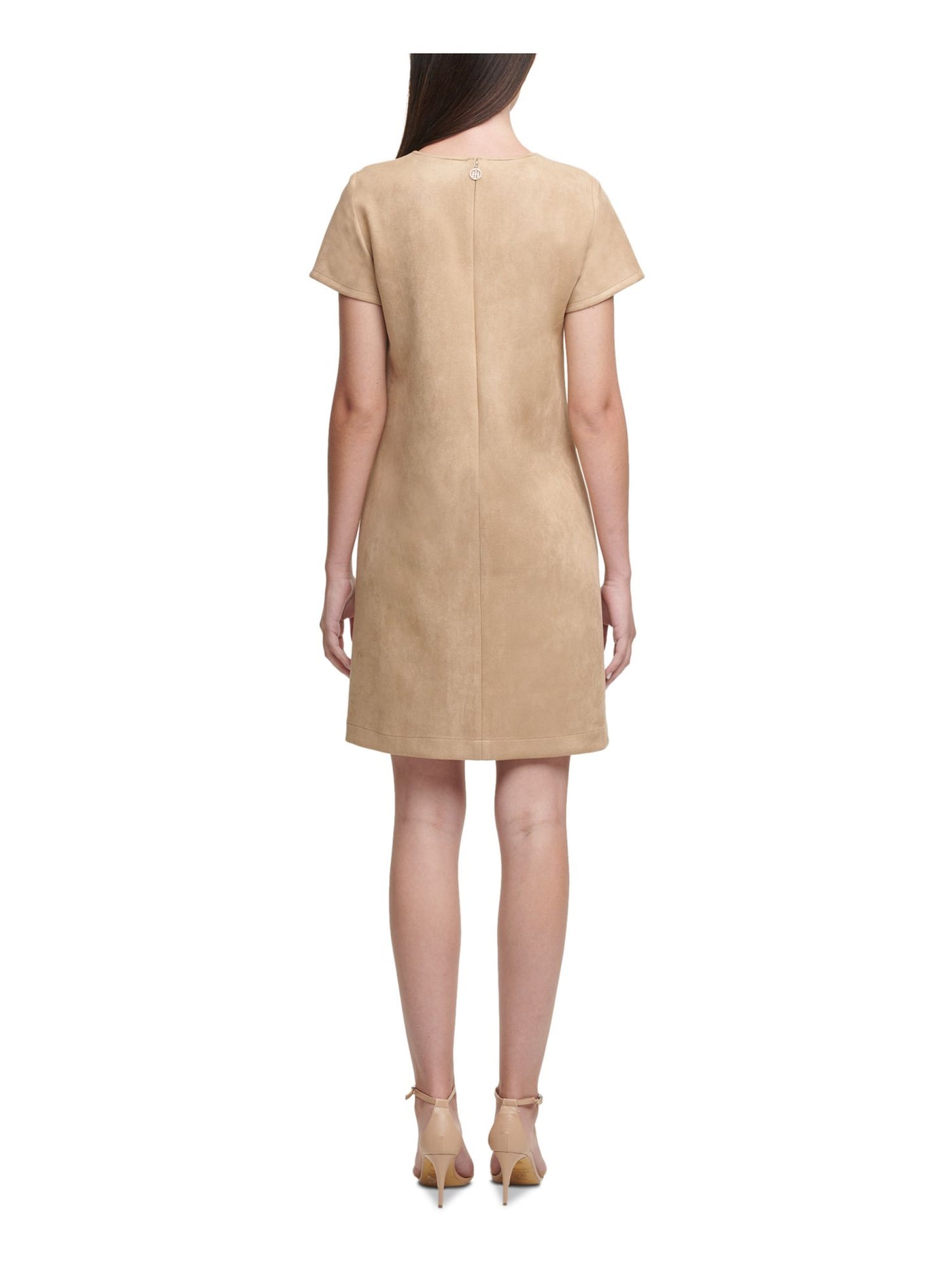 TOMMY HILFIGER Womens Beige Faux Suede Short Sleeve Jewel Neck Above The Knee Shift Dress 6