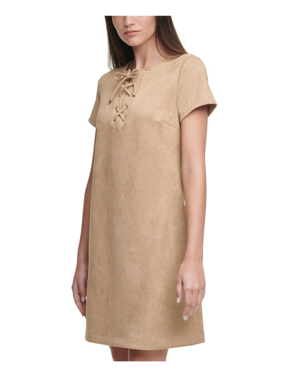 TOMMY HILFIGER Womens Beige Faux Suede Short Sleeve Tie Neck Above The Knee Wear To Work A-Line Dress Petites 10P