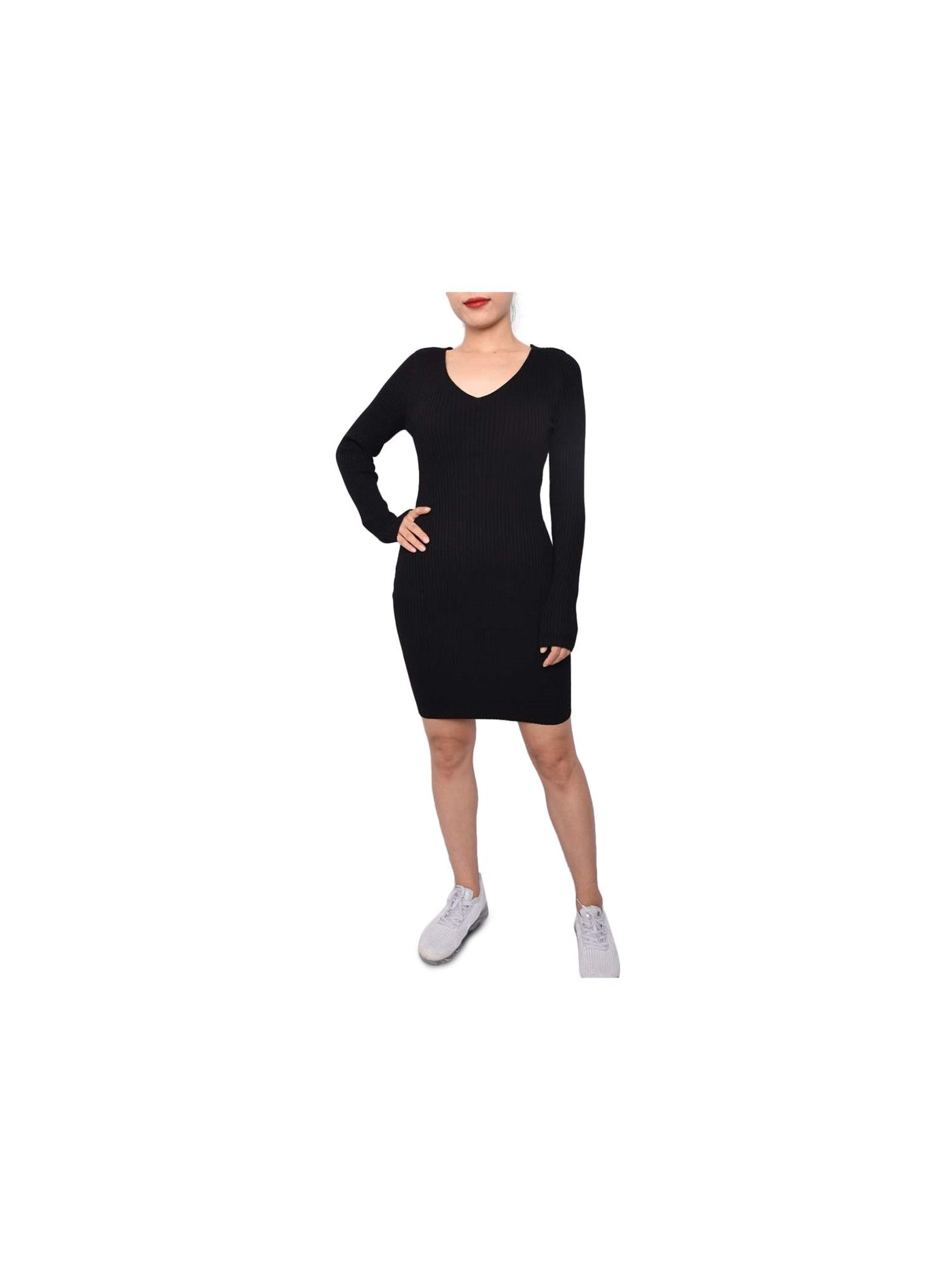 PLANET GOLD Womens Long Sleeve V Neck Above The Knee Body Con Dress