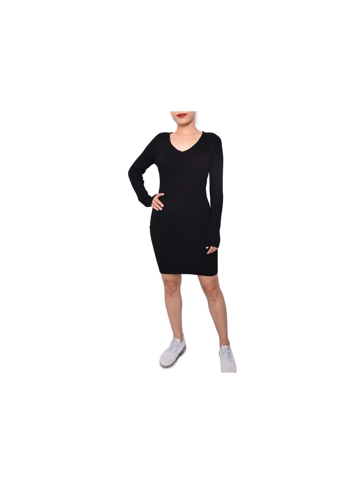 PLANET GOLD Womens Black Long Sleeve V Neck Above The Knee Body Con Dress S