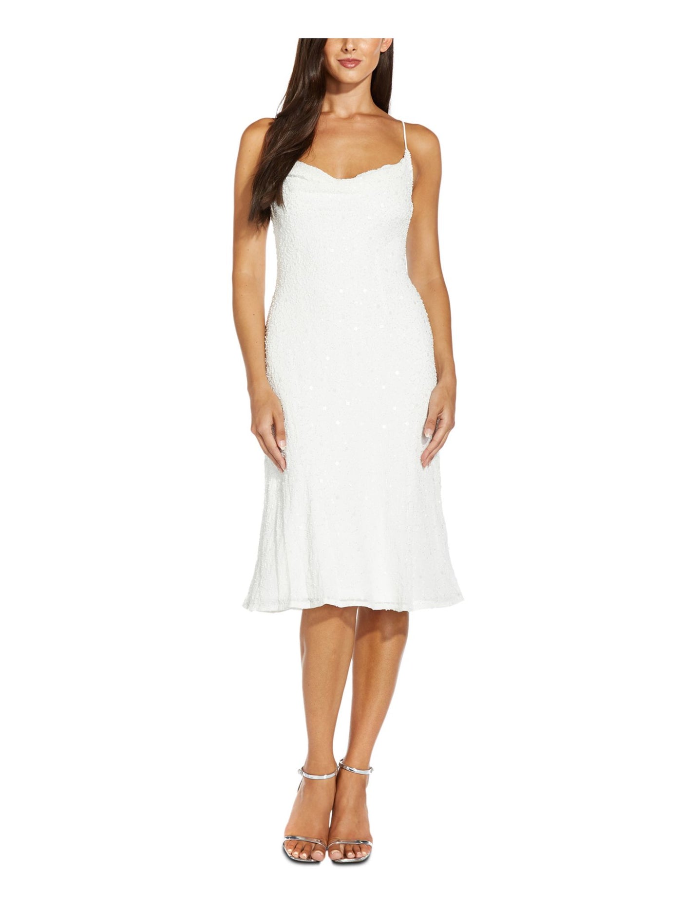 ADRIANNA PAPELL Womens White Beaded Zippered Spaghetti Strap Cowl Neck Knee Length Evening Fit + Flare Dress 4