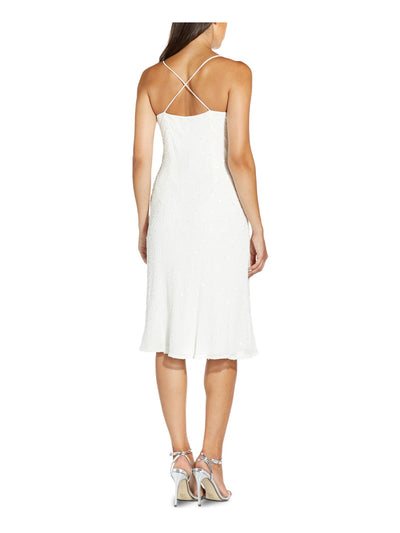 ADRIANNA PAPELL Womens White Beaded Zippered Spaghetti Strap Cowl Neck Knee Length Evening Fit + Flare Dress 4
