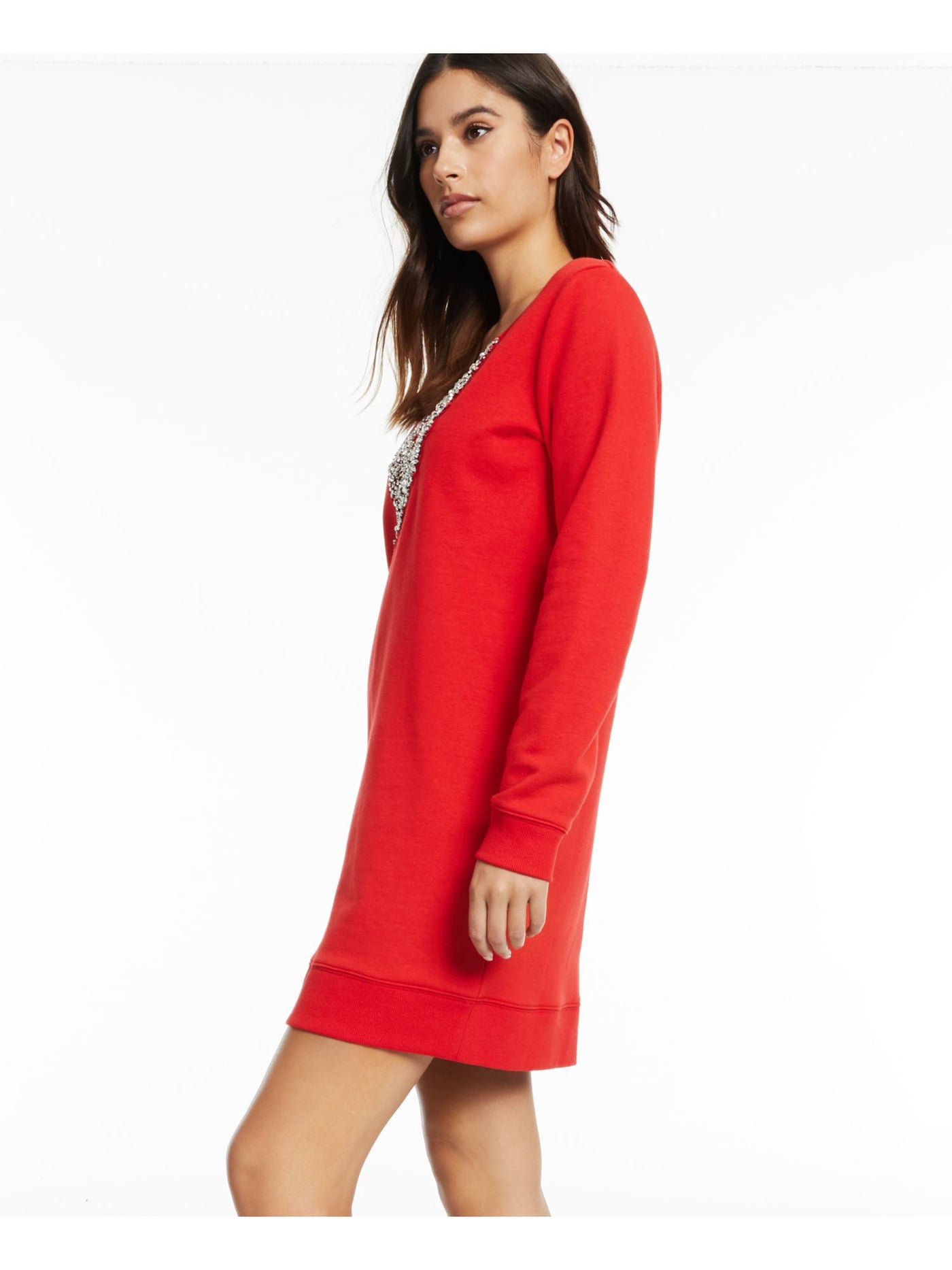 INC Womens Red Embellished Sweatshirt Dress Long Sleeve V Neck Short Shift Dress XS