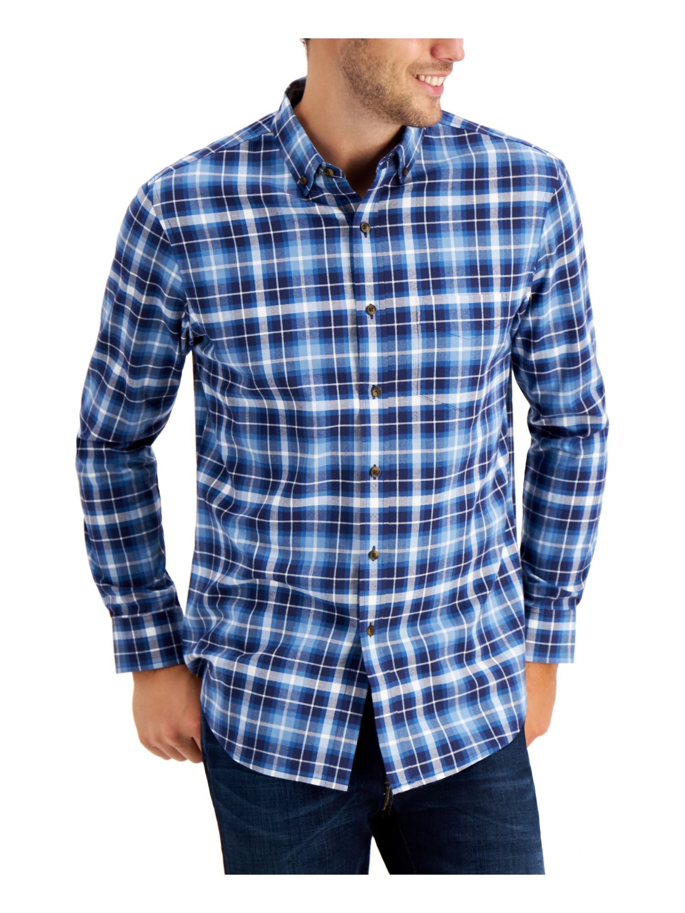 CLUBROOM Mens Navy Plaid Collared Classic Fit Button Down Cotton Blend Cotton Blend Shirt S