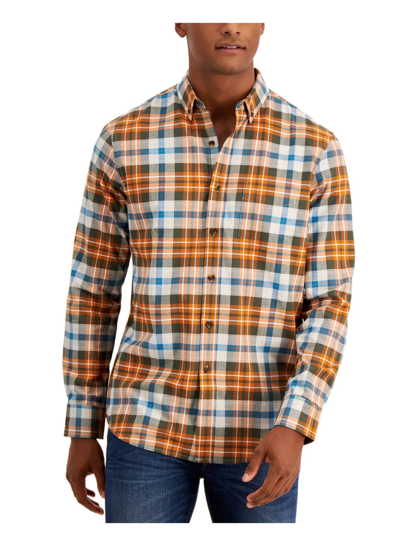 CLUBROOM Mens Orange Plaid Button Down Casual Shirt S