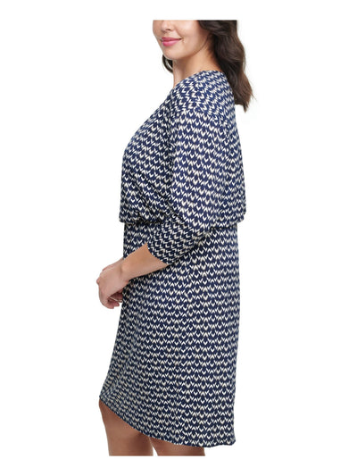 JESSICA HOWARD Womens Navy Stretch Printed Kimono Sleeve Round Neck Above The Knee Wear To Work Sheath Dress Plus S