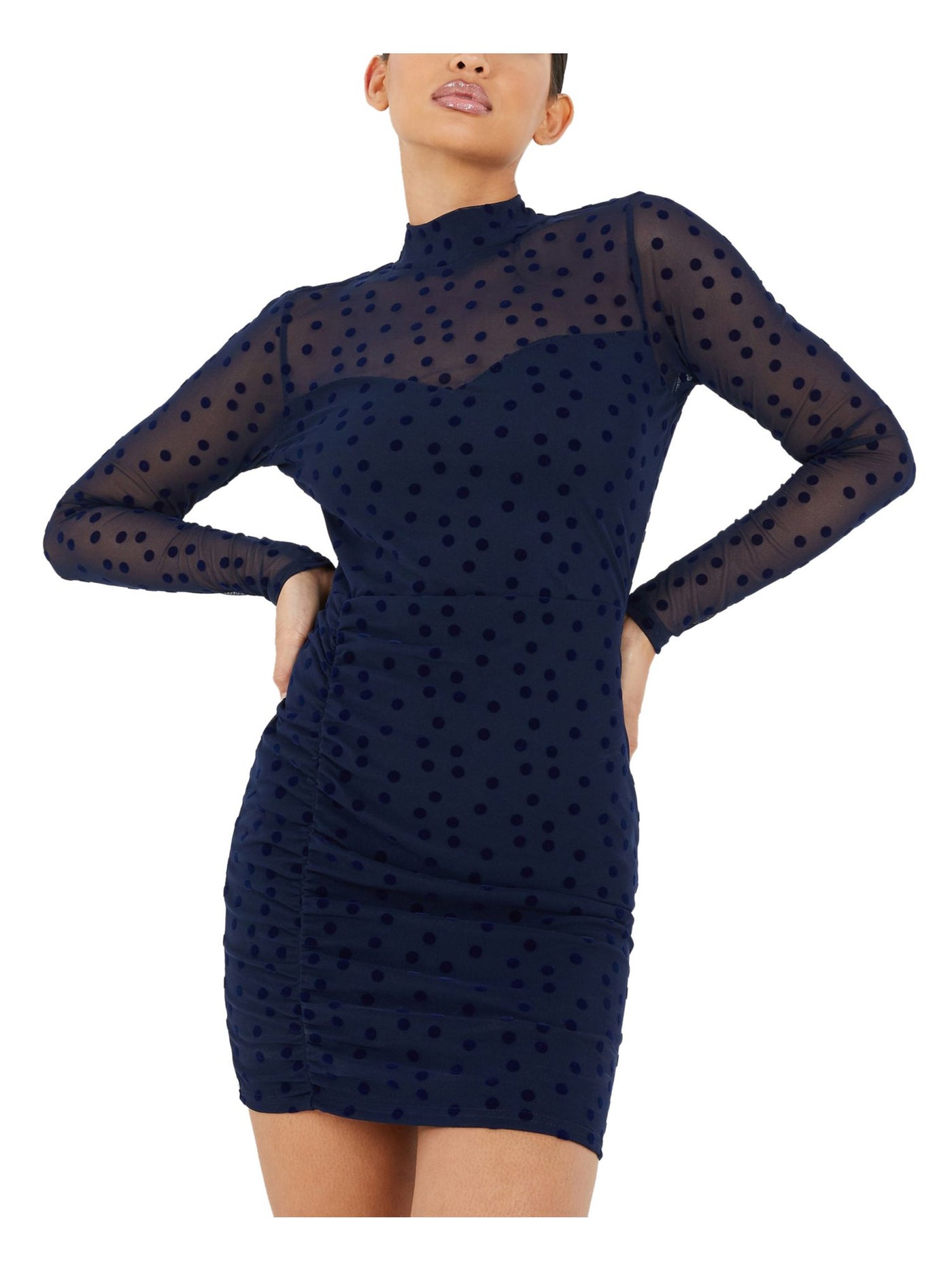 QUIZ Womens Navy Mesh Polka Dot Long Sleeve Mini Evening Dress 10