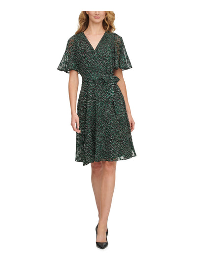 DKNY Womens Green Speckle Flutter Sleeve V Neck Knee Length Fit + Flare Dress 14