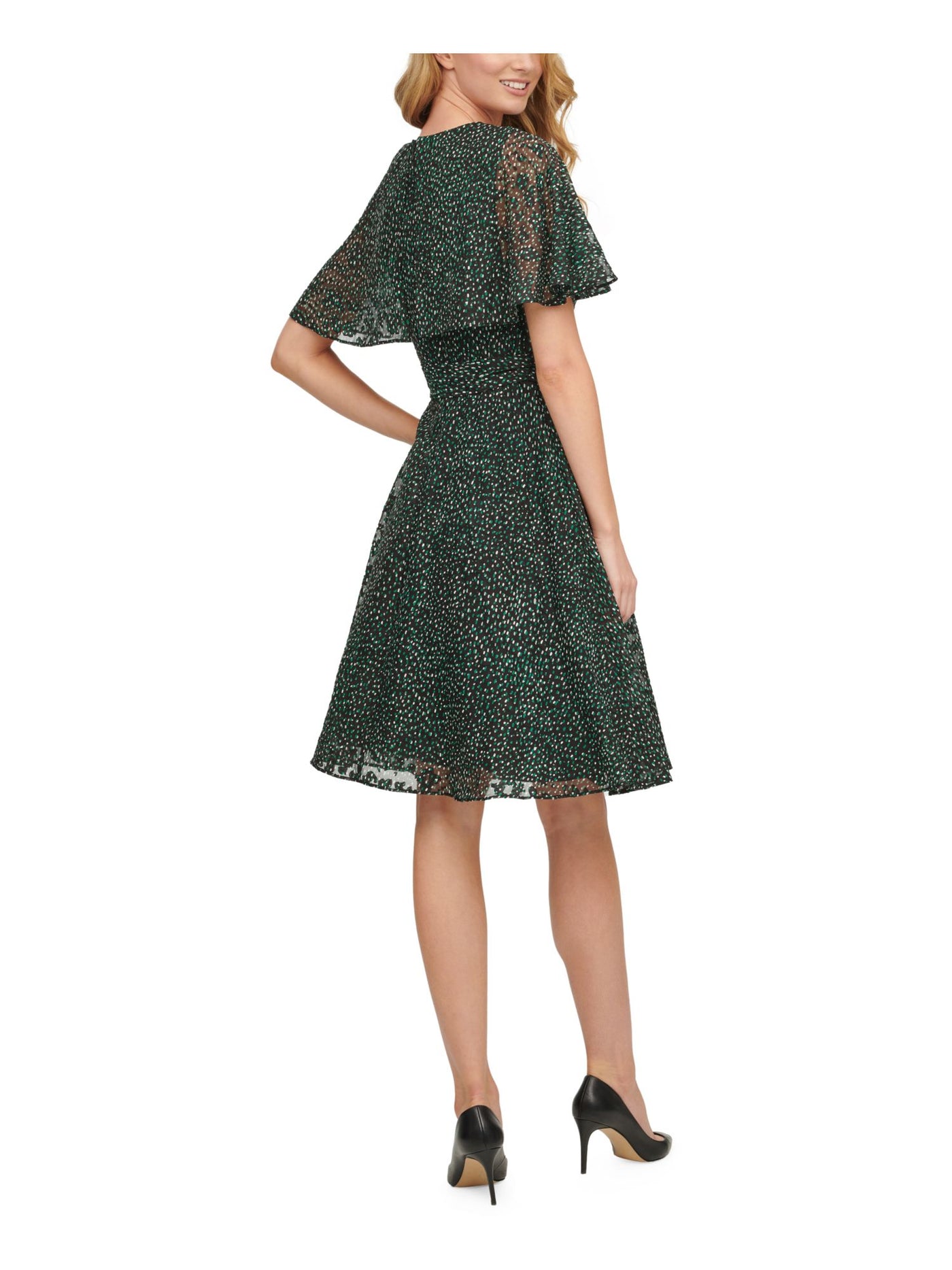 DKNY Womens Green Speckle Flutter Sleeve V Neck Knee Length Fit + Flare Dress 14