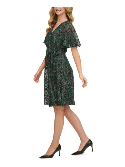 DKNY Womens Green Speckle Flutter Sleeve V Neck Knee Length Fit + Flare Dress 14