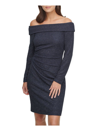 ELIZA J Womens Gray Glitter Long Sleeve Off Shoulder Knee Length Evening Sheath Dress Petites 12P