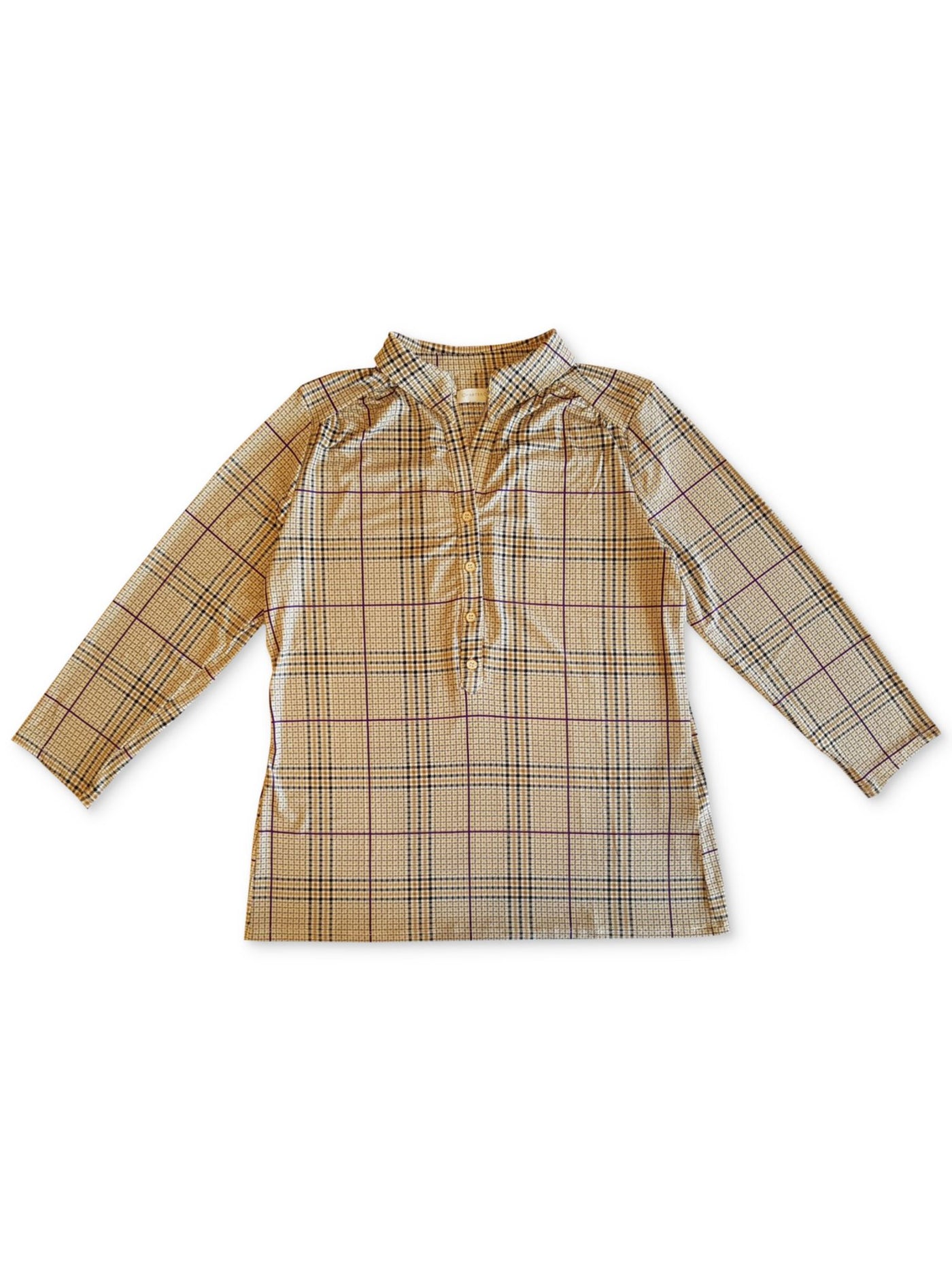 CHARTER CLUB Womens Beige Plaid Long Sleeve Collared Top XS