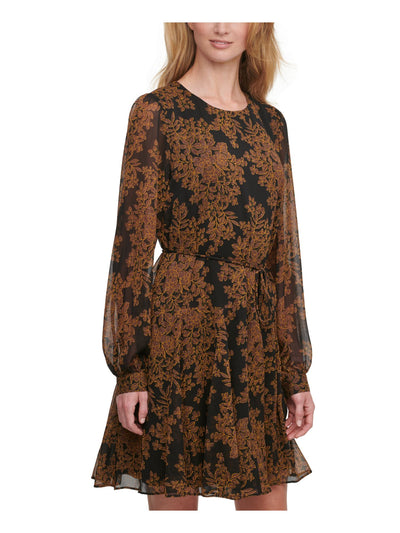 TOMMY HILFIGER Womens Black Belted Floral Long Sleeve Evening Fit + Flare Dress 4