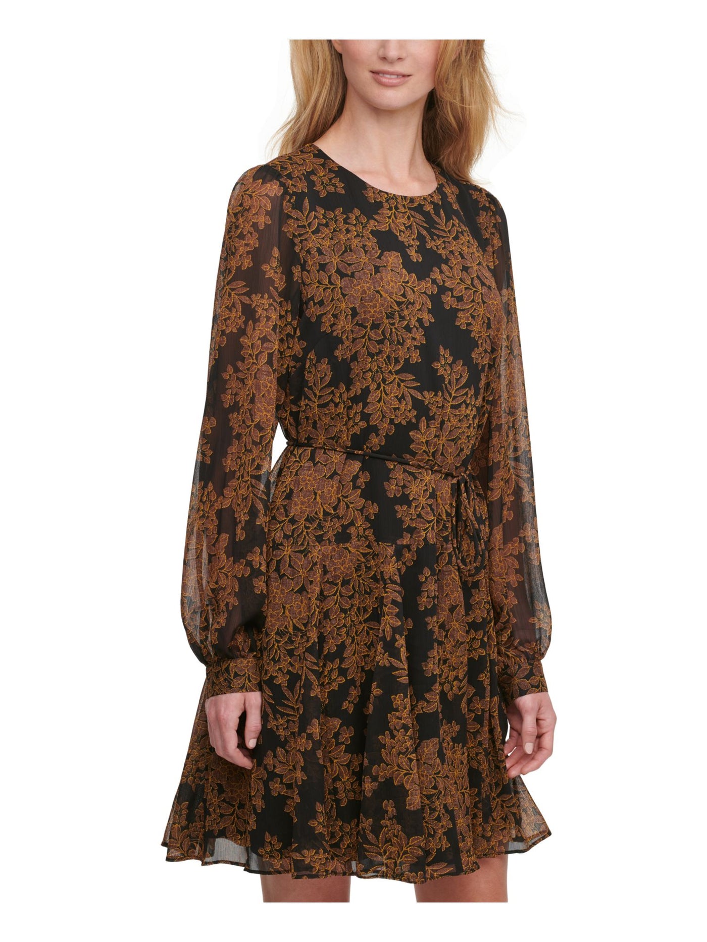 TOMMY HILFIGER Womens Black Belted Floral Long Sleeve Evening Fit + Flare Dress 10
