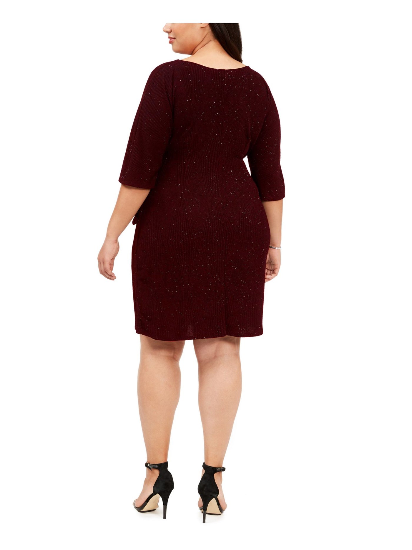 SIGNATURE BY ROBBIE BEE Womens Maroon 3/4 Sleeve Jewel Neck Above The Knee Party Sheath Dress Plus 3X