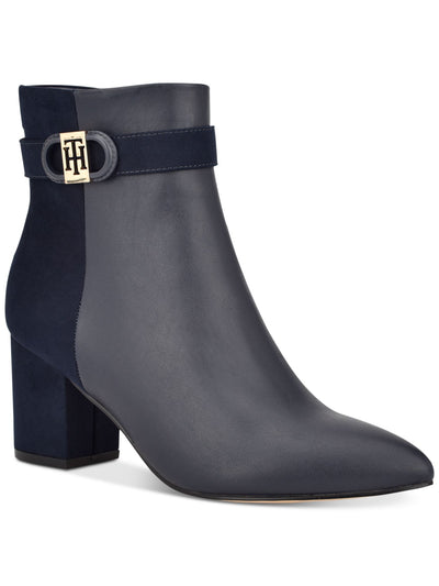 TOMMY HILFIGER Womens Black Navy Logo Hardware Mixed Material Banded Padded Halliri Pointed Toe Block Heel Zip-Up Dress Booties 8 M